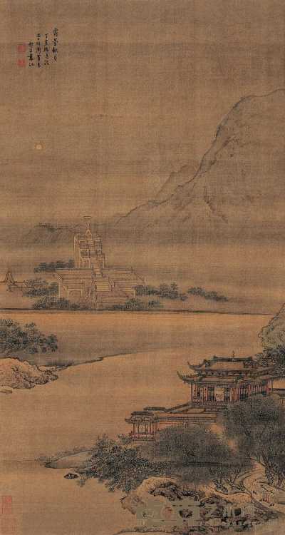 袁江 丁亥（1707）作 露台秋月 镜心 76.5×41cm